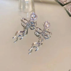 Silver Heart Bow Drop Earrings