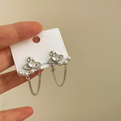 Galactic Pearl Orbit - Silver Chain Earrings