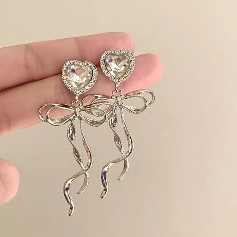 Silver Heart Bow Drop Earrings