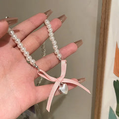 Pink Ribbon Pearl Necklace