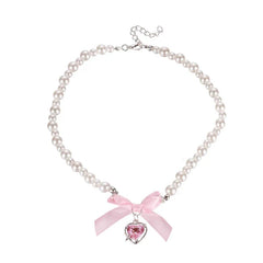 Pearl Rose Heart Bow Necklace